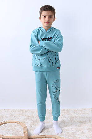 ERKEK ÇOCUK KAPŞONLU EŞOFMAN TAKIMI 4 MEVSİM WOLF BASKILI RİBANALI F12