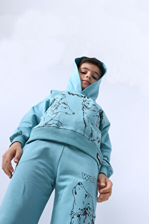 ERKEK ÇOCUK KAPŞONLU EŞOFMAN TAKIMI 4 MEVSİM WOLF BASKILI RİBANALI F12