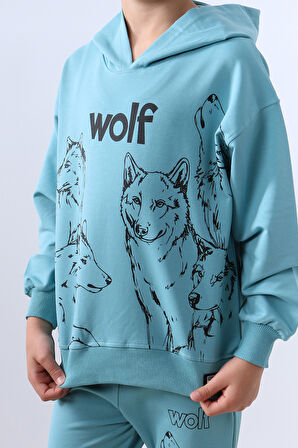 ERKEK ÇOCUK KAPŞONLU EŞOFMAN TAKIMI 4 MEVSİM WOLF BASKILI RİBANALI F12