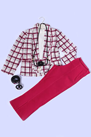 KIZ ÇOCUK 3 LÜ TAKIM CEKETLİ ÇANTA HEDİYELİ EKOSE DESENLİ A64