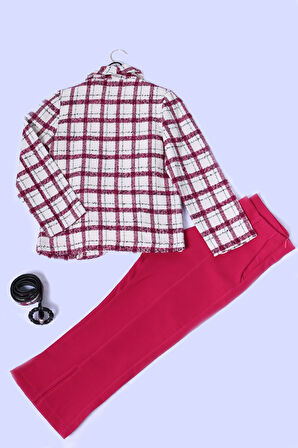 KIZ ÇOCUK 3 LÜ TAKIM CEKETLİ ÇANTA HEDİYELİ EKOSE DESENLİ A64