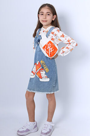 KIZ ÇOCUK SALOPET ELBİSE BASKILI ÇANTA HEDİYELİ A43