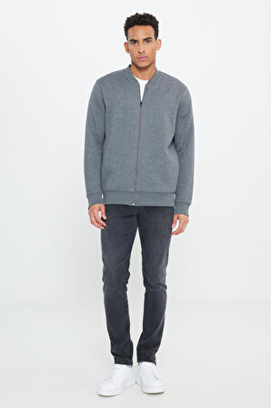 Erkek Antrasit-melanj Standart Fit Normal Kesim Içi Polarlı 3 Iplik Kolej Yaka Pamuklu Sweatshirt