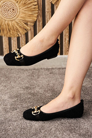 Günlük Kadın Babet Peluş Altın Tokalı Oval Burunlu Alçak Topuklu Tırtıklı Tabanlı Ayakkabı 131 