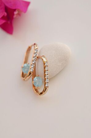 Opal Gök Mavisi Taş Detaylı Oval Halka Küpe