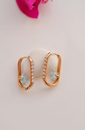 Opal Gök Mavisi Taş Detaylı Oval Halka Küpe