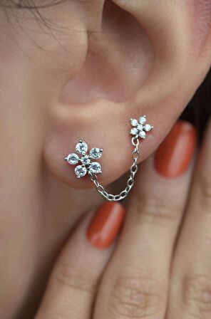 Zincirli Çiçek İkili Piercing Helix Kıkırdak Gümüş Renk