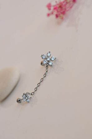 Zincirli Çiçek İkili Piercing Helix Kıkırdak Gümüş Renk