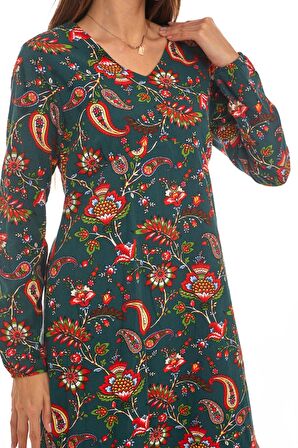 Yeşil Otantik Desen Kısa Elbise