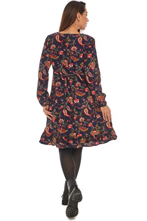 Lacivert Otantik Desen Kısa Elbise