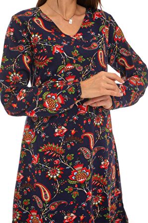 Lacivert Otantik Desen Kısa Elbise