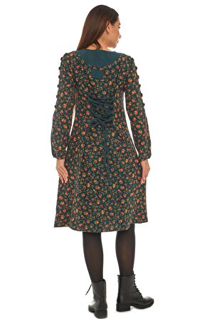 Pazen Petrol Çiçek Desenli Düğmeli Elbise