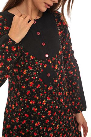 Pazen Siyah Çiçek Desenli Düğmeli Elbise