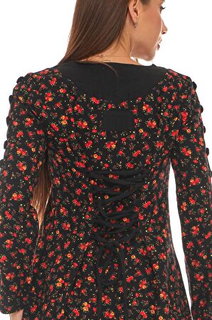 Pazen Siyah Çiçek Desenli Düğmeli Elbise