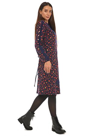 Pazen Lacivert Çiçek Desenli Düğmeli Elbise