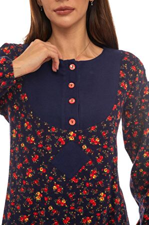 Pazen Lacivert Çiçek Desenli Düğmeli Elbise