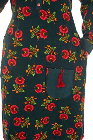 Pazen Petrol Çiçek Desenli Cepli Elbise