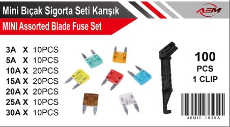 AEM Mini Bıçak Sigorta Seti Karışık Oto Sigorta Seti 100 Parça + Sigorta Çıkarma Klipsi / Tutucu Hed