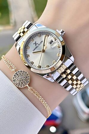 Daniel Klein DKISTE796 Gold Gümüş Renk Takvimli Kadın Kol Saati ve Hediye Bileklik