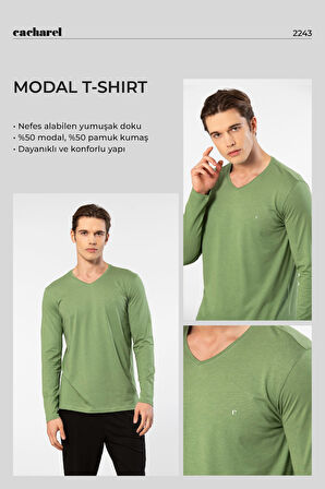Cacharel Erkek Modal Pamuk V Yaka T-shirt 2243/Yeşil