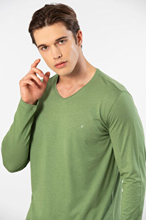 Cacharel Erkek Modal Pamuk V Yaka T-shirt 2243/Yeşil