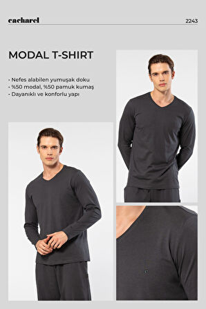 Cacharel Erkek Modal Pamuk V Yaka T-shirt 2243/Antrasit