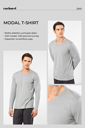 Cacharel Erkek Modal Pamuk V Yaka T-shirt 2243/Gri