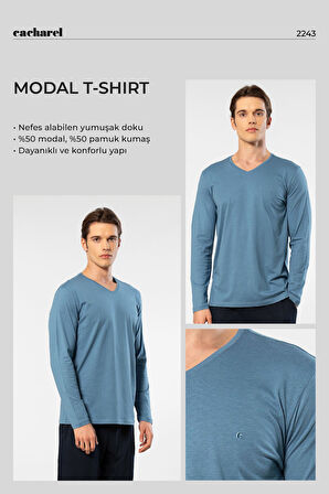 Cacharel Erkek Modal Pamuk V Yaka T-shirt 2243/İndigo