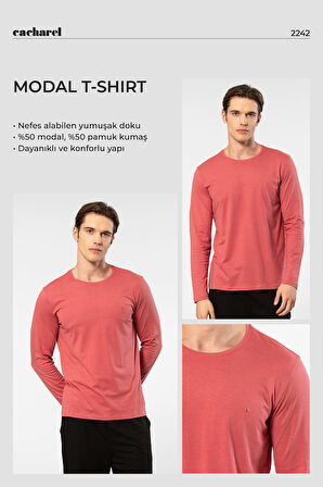 Cacharel Erkek Modal Pamuk Bisiklet Yaka T-shirt 2242/Mercan
