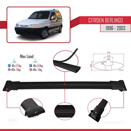 Citroen Berlingo (M49) 1996-2003 Arası ile Uyumlu FLY Model Ara Atkı Tavan Barı Siyah 3 Adet