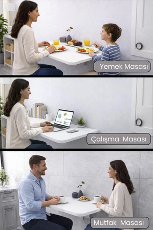 60x90 cm Katlanır Duvara Monte Masa Sabit Raflı Mutfak Masası