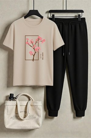 Unisex Cherry Tree Tasarım Baskılı Tişört - 2'li Eşofman Takımı