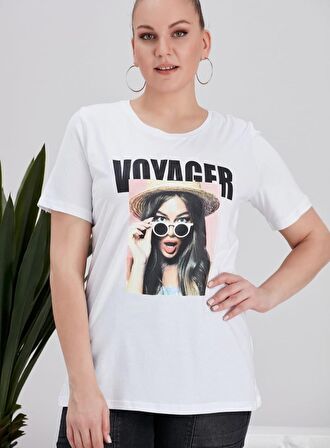 Vovager Baskılı Beyaz Büyük Beden Tişört