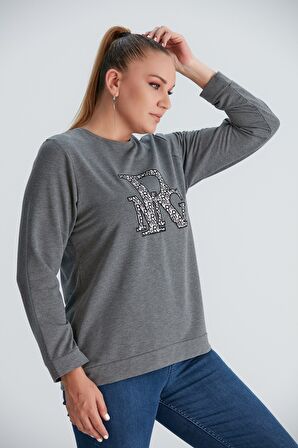 Baskılı Nakış Detaylı Büyük Beden Sweatshirt