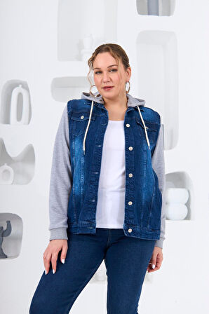 İçlik Detaylı Kadın Büyük Beden Mavi Ceket - Şık ve Rahat Denim Ceket