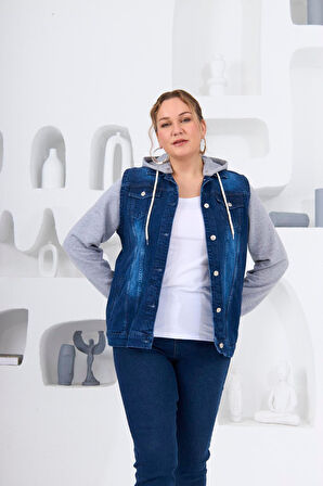 İçlik Detaylı Kadın Büyük Beden Mavi Ceket - Şık ve Rahat Denim Ceket