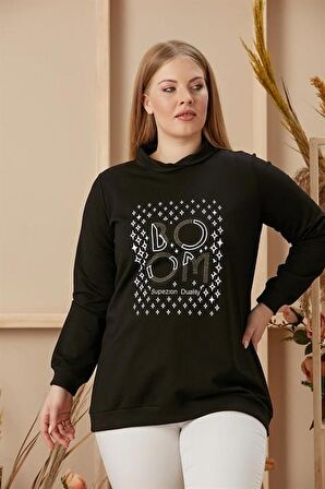 Taş İşlemeli Büyük Beden Baskılı Taşlı Siyah Sweatshirt