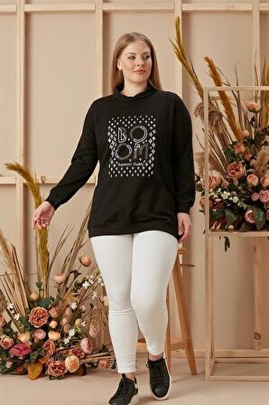 Taş İşlemeli Büyük Beden Baskılı Taşlı Siyah Sweatshirt