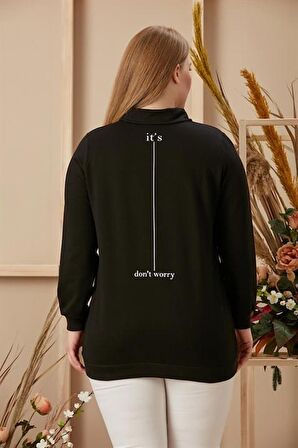 Taş İşlemeli Büyük Beden Baskılı Taşlı Siyah Sweatshirt