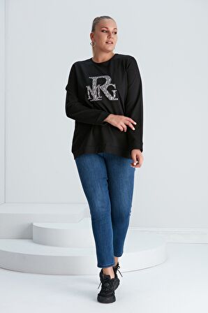 Baskılı Nakış Detaylı Büyük Beden Sweatshirt