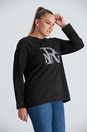 Baskılı Nakış Detaylı Büyük Beden Sweatshirt