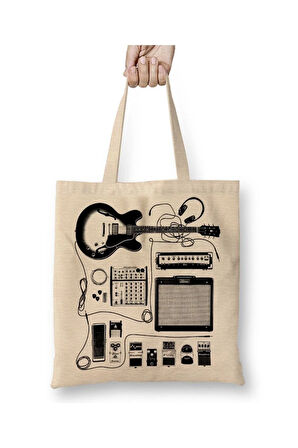 Gitar Amfi Gitarist Pedal Kedi Beyaz Bez Çanta Uzun Saplı Alışveriş Çantası Plaj Çantası