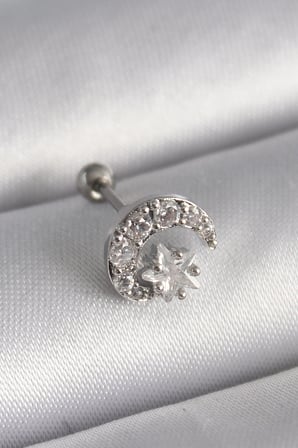 Utterly Good 316L Çelik Ay Yıldız Tragus Piercing Zirkon Taşlı Gümüş