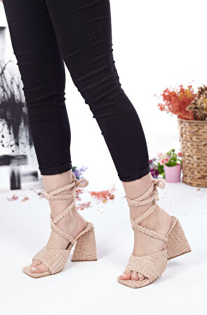 Günlük Kadın Havlu Sandalet Terlik Bilekten Bağcıklı Esnek Yumuşak Yüksek Topuklu Ayakkabı 132