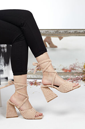 Günlük Kadın Havlu Sandalet Terlik Bilekten Bağcıklı Esnek Yumuşak Yüksek Topuklu Ayakkabı 132