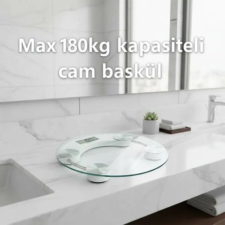 Yuvarlak Şeffaf Dijital Cam Baskül Tartı – 180 Kg Taşıma Kapasitesi, Hassas Ölçüm, Şık Tasarım Terazi (  )