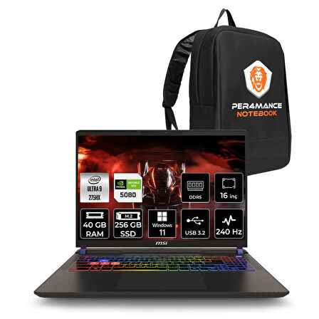 MSI Vector 16 HX AI Ultra 9 275HX 40GB 256GB SSD RTX5080/16GB 175W 16'' WQXGA W11H Gaming Laptop