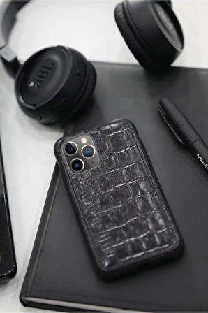 Derije Hakiki Deri Siyah Kroko iPhone 11 Telefon Kılıfı (T1726)