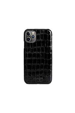 Derije Hakiki Deri Siyah Kroko iPhone 11 Telefon Kılıfı (T1726)