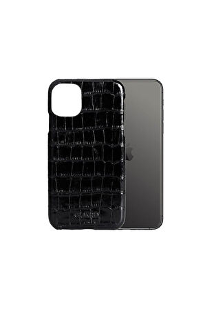 Derije Hakiki Deri Siyah Kroko iPhone 11 Telefon Kılıfı (T1726)